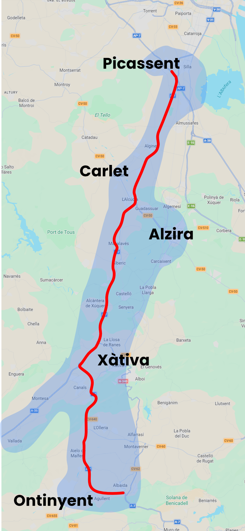 Mapa de zona de cobertura de transporte: Picassent, Carlet, Alzira, Xativa, Ontinyent